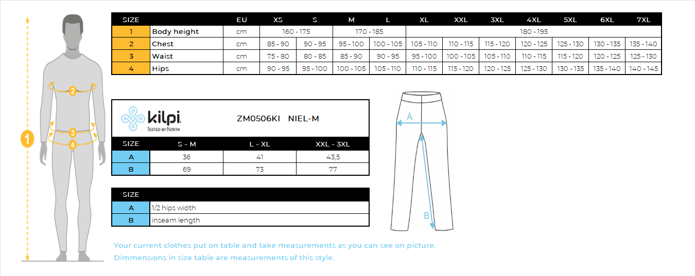 HOMMELe pantalon thermique sans couture Kilpi NIEL-M – Size chart
