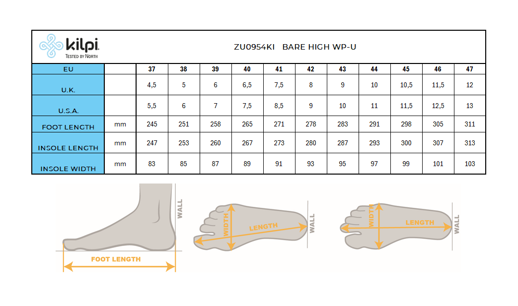 Chaussures pieds nus d'extérieur hautes unisexes Kilpi BARE HIGH WP-U – Size chart